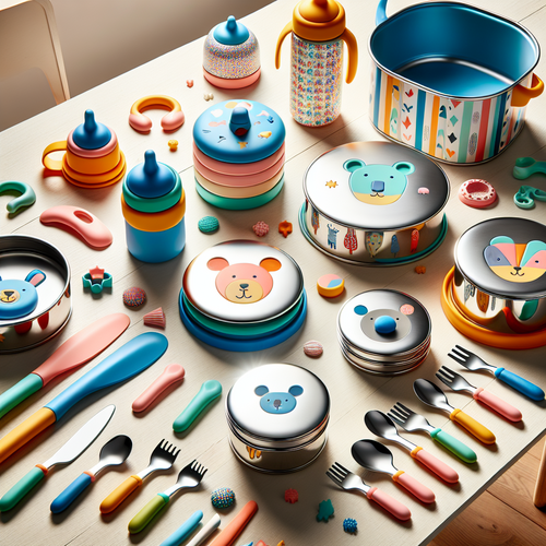Vaisselle inox moderne avec couleurs et accessoires enfant