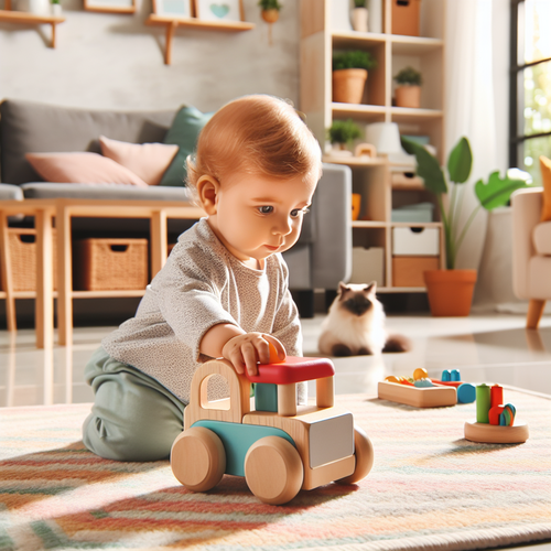 Jolie voiture en bois pour bébé sur sol naturel