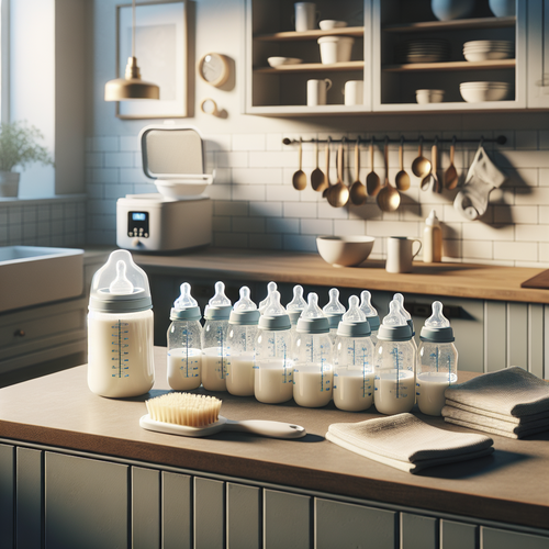 Biberons posés sur une table de cuisine, prêts à l'emploi