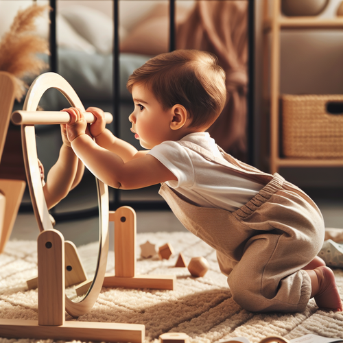 Bébé jouant devant un miroir Montessori posé à ras du sol