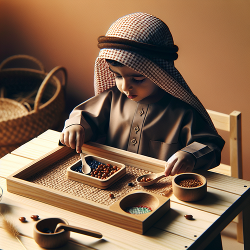 Plateau Montessori activité sensorielle en bois sur table d’enfant