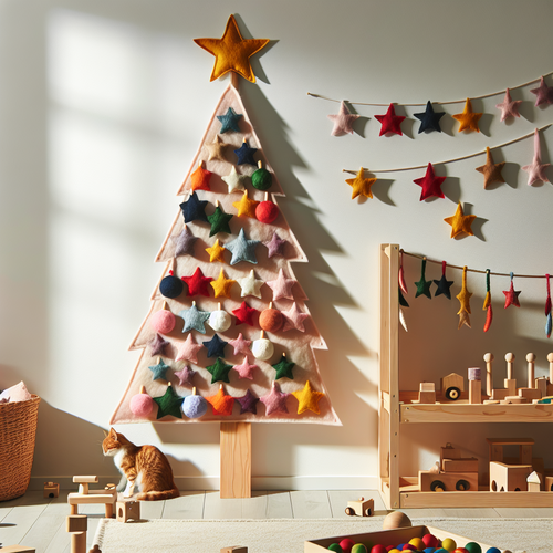Un enfant décorant un sapin Montessori mural en feutrine