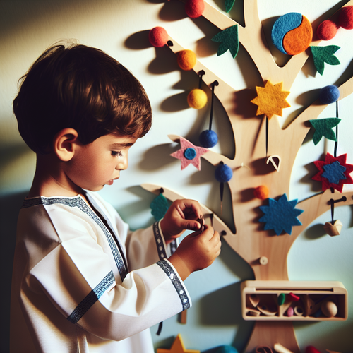 Différentes matières et couleurs utilisées dans les décorations d’un sapin Montessori