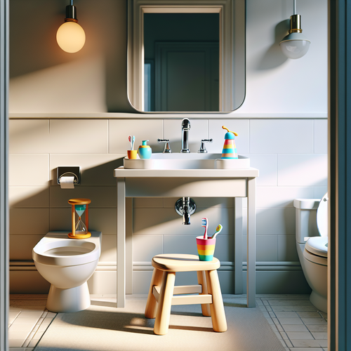 Enfant qui se brosse les dents sur un marchepied Montessori